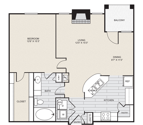 a floor plan of a 1 story apartment with a bedroom and a living room